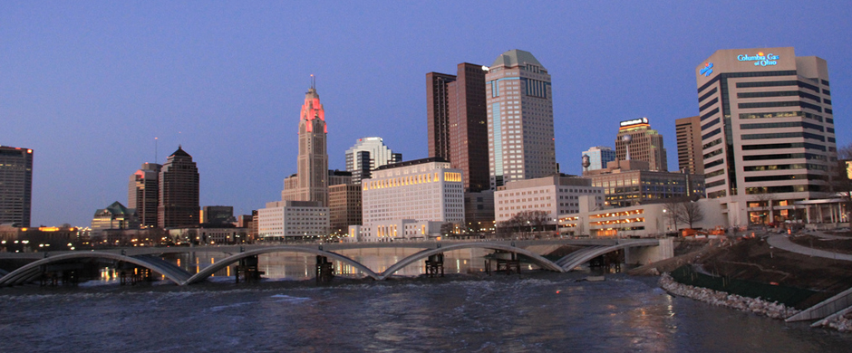 The Columbus skyline at dusk.