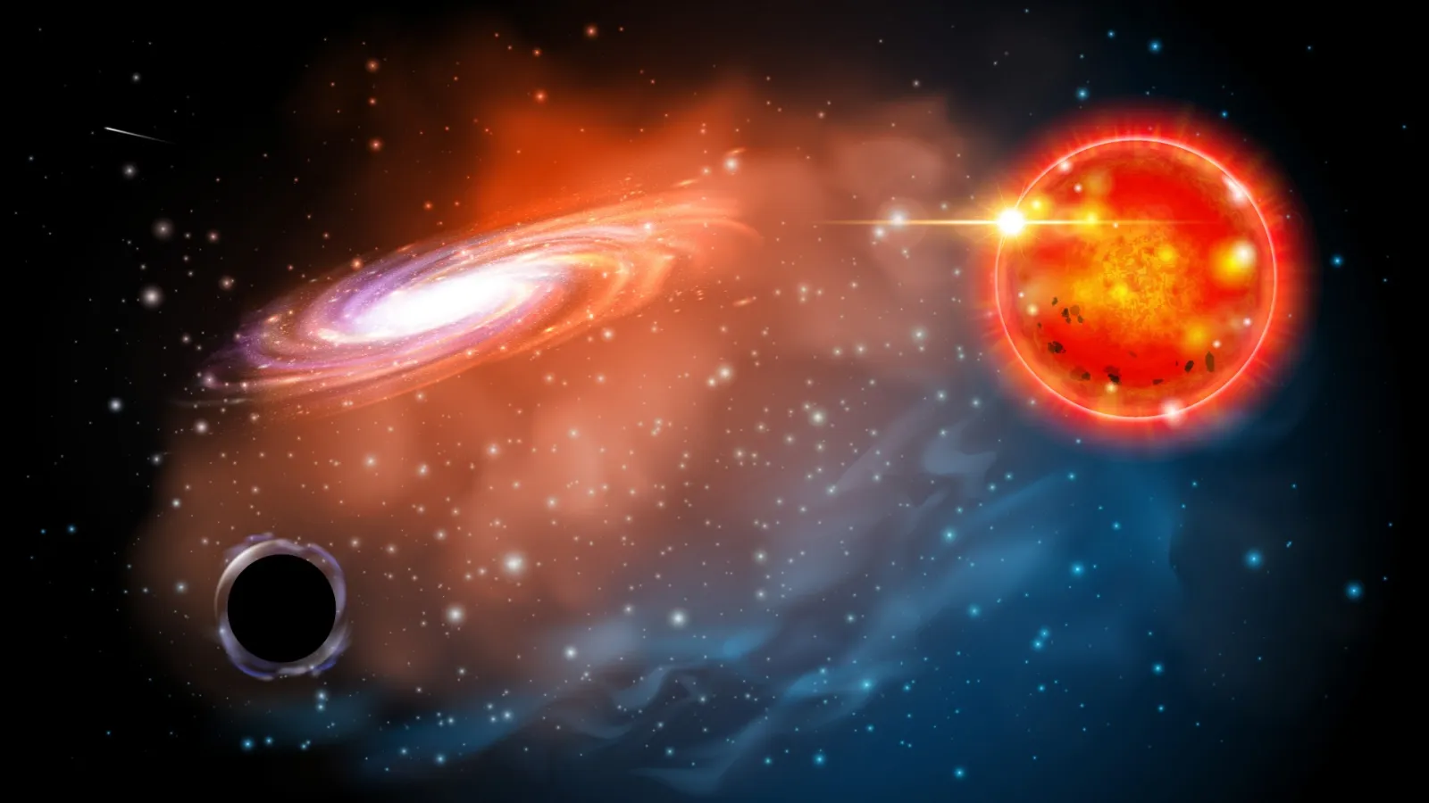 An artist's rendering of the black hole astrophysicists identified in this study. The black hole (bottom left) is seen near a red giant star. 