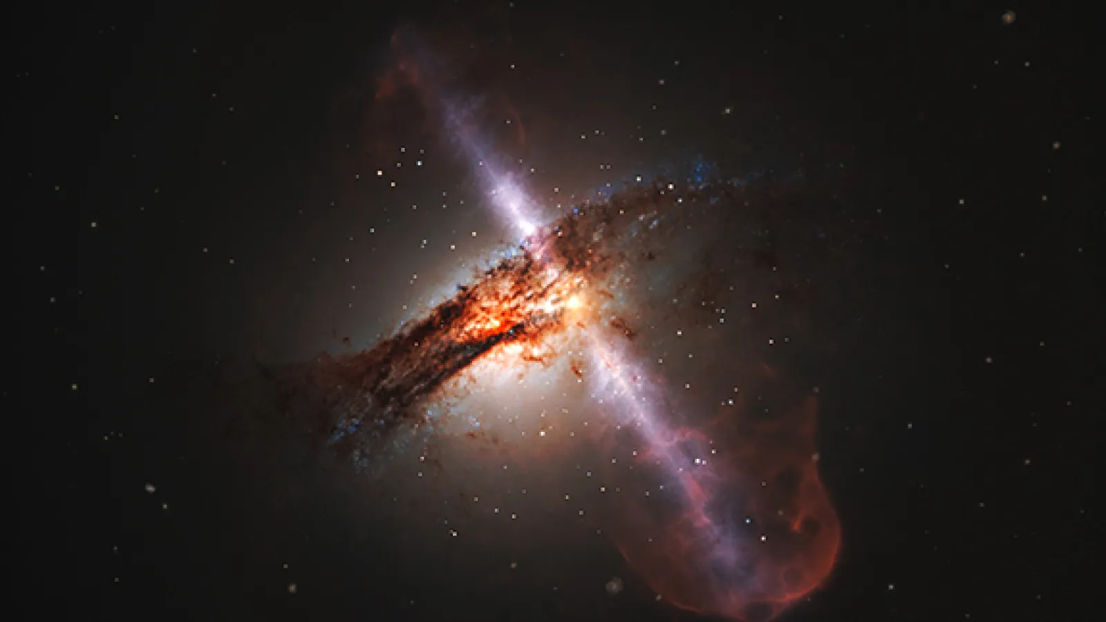 An artistic rendition of jets, such as the ones high-energy neutrinos are shot out of, streaming from a supermassive blackhole.