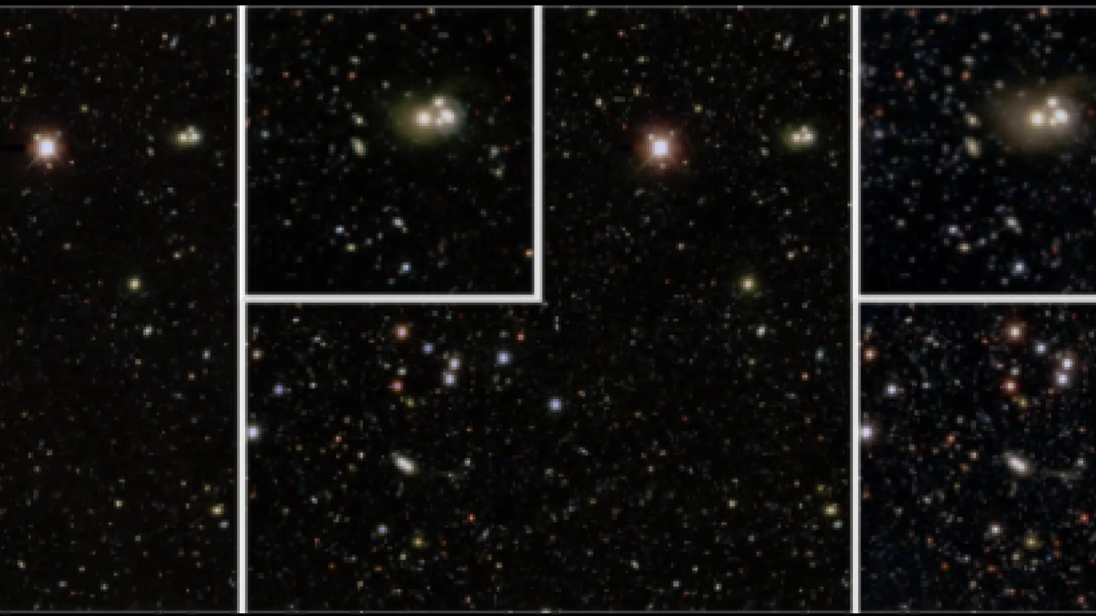Color image of approximately half of a DECam chip made from the grz filters at three different depths. The inset squares are a factor of 2 zoom-in of the interacting group located to the far right of the main image.