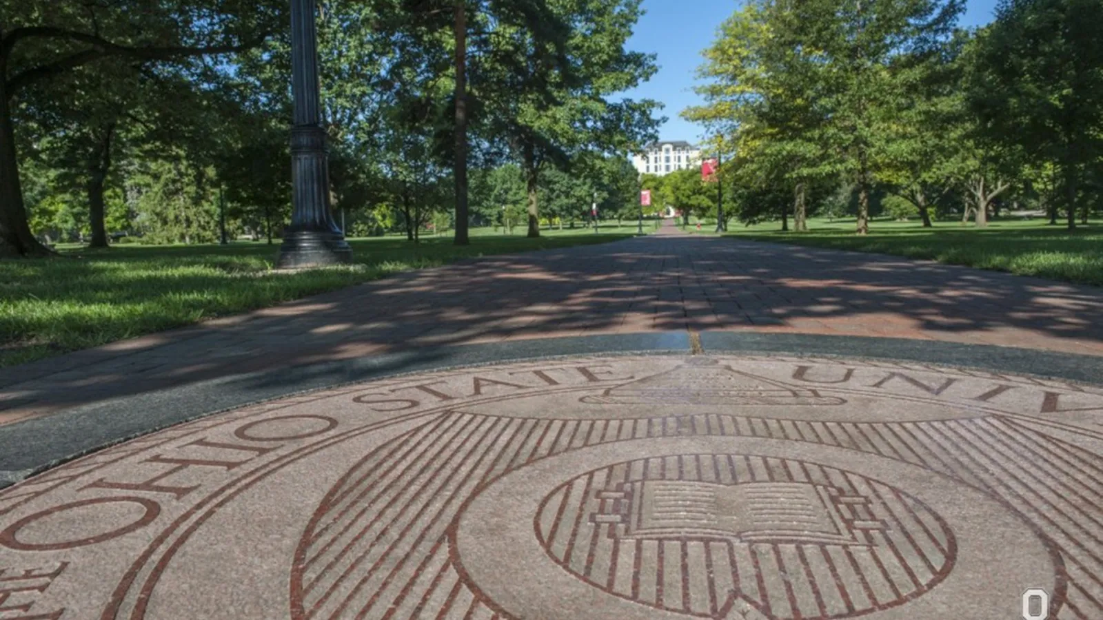 The seal of The Ohio State University on the Oval.