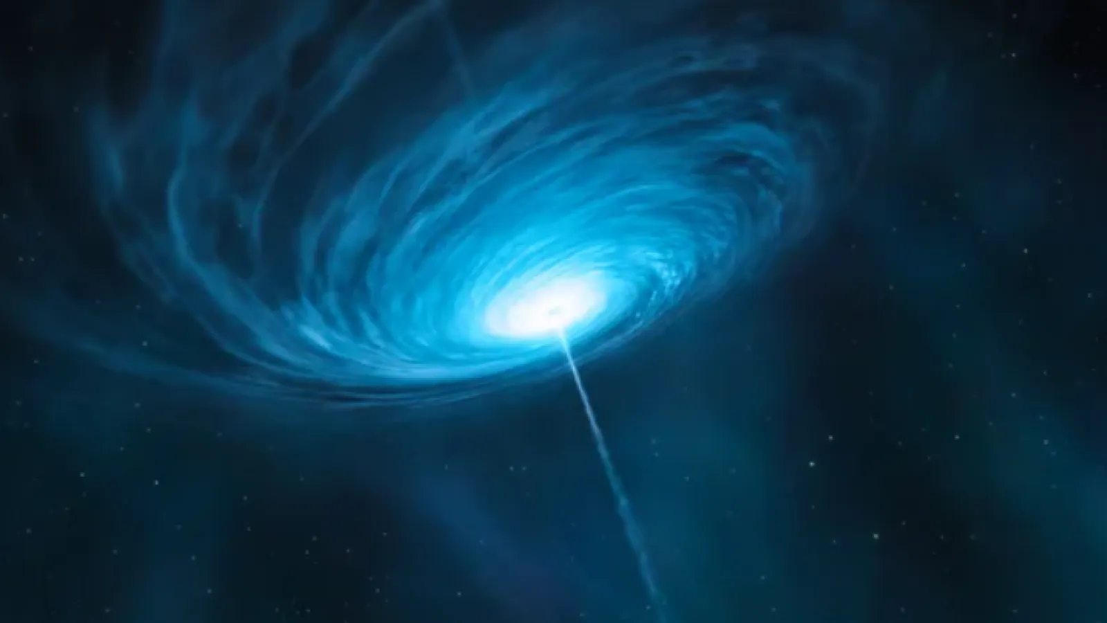 Artist’s impression of a quasar—a luminous beacon produced by a feeding supermassive black hole. Credit: ESO/M. Kornmesser