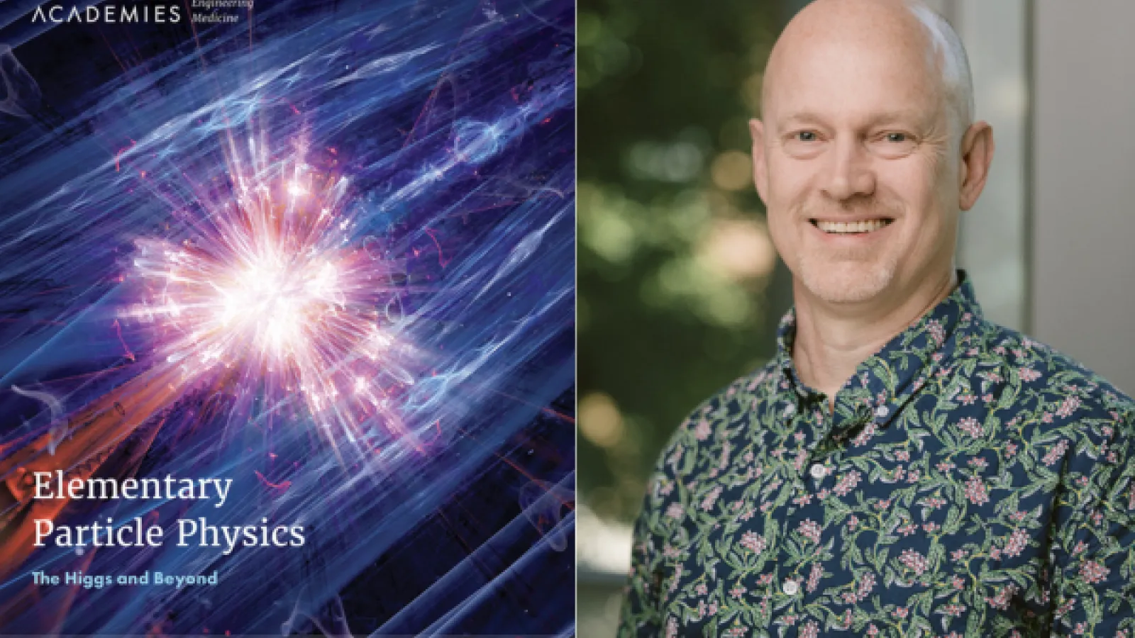 Cover of Elementary Particle Physics book and portrait of John Beacom