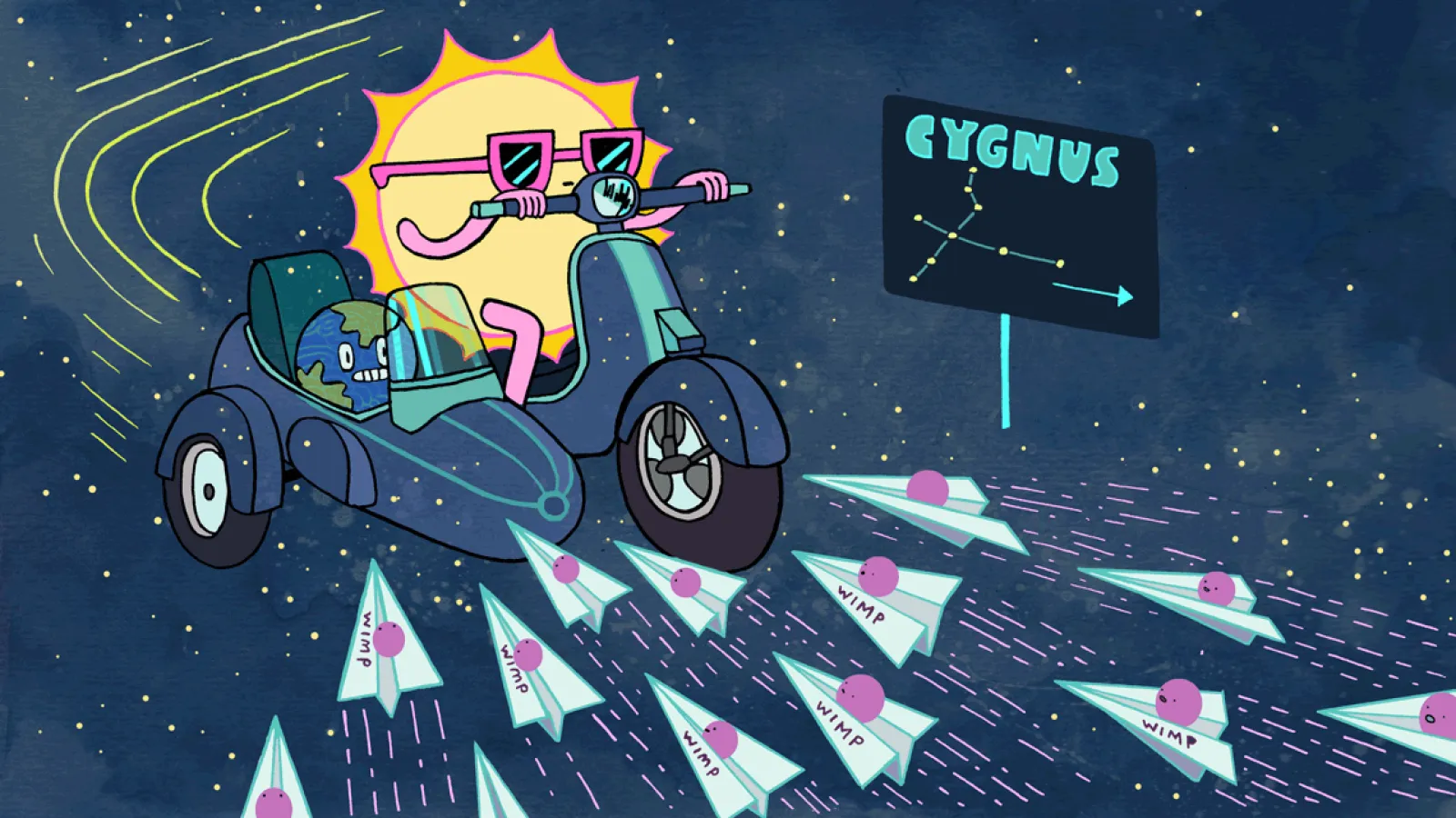 Artistic Illustration of Dark Matter Wind and Sun Riding Bicycle
