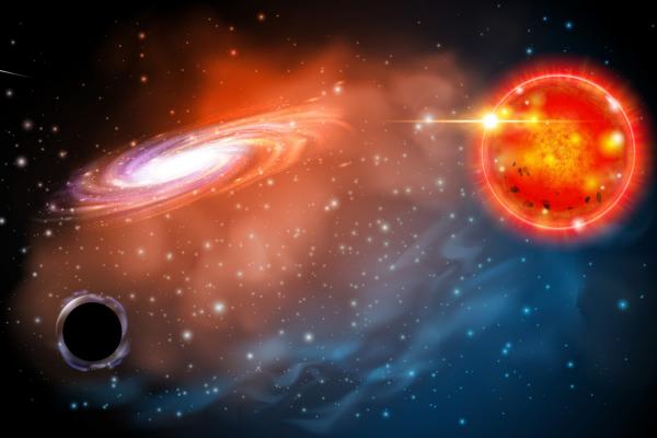 An artist's rendering of the black hole astrophysicists identified in this study. The black hole (bottom left) is seen near a red giant star. 