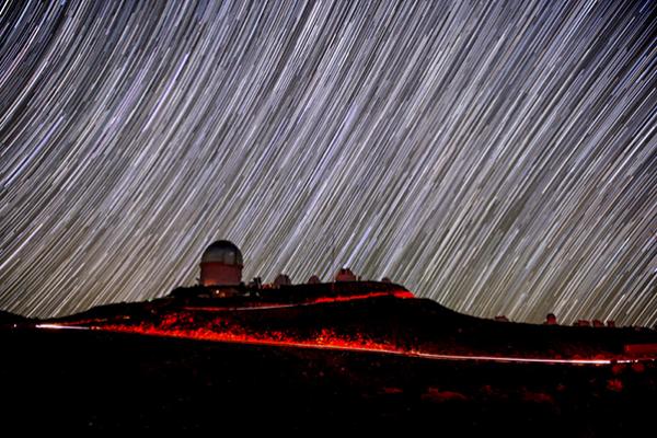 Cerro Tololo, Blanco Telescope dome — one of the telescopes used in the Dark Energy Survey — and star trails in Chile (Reidar Hahn, Fermilab)