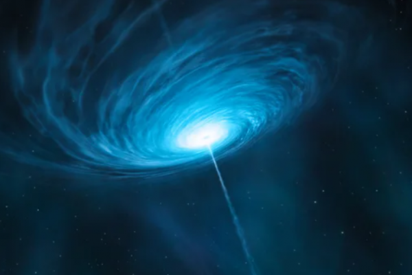 Artist’s impression of a quasar—a luminous beacon produced by a feeding supermassive black hole. Credit: ESO/M. Kornmesser